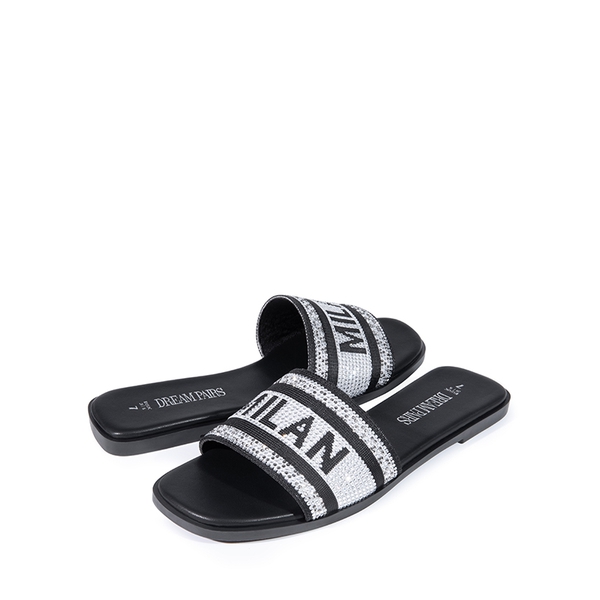 Square Toe Flat Slide Sandals - BLACK-RHINESTONE - 5